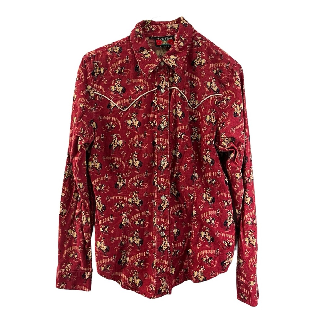 Vintage 90s Five Star By Roper Red Corduroy Western Shirt / Cowboy Print / Sz M
